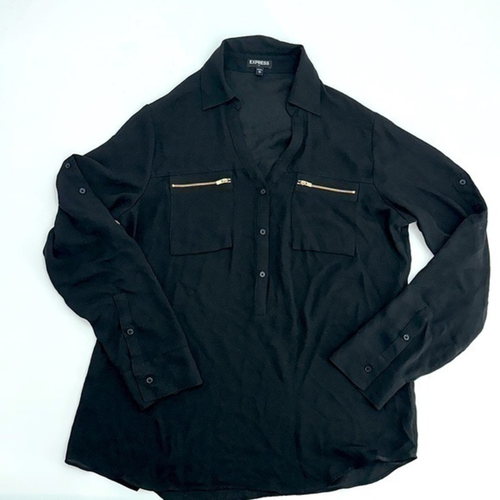 UEC Express black long sleeve Henley blouse gold zippers medium